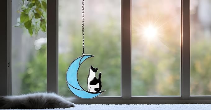 Black and White Cat Gifts,Cat Loss Sympathy Gift,Cat Memorial Gifts for Loss of Cat,Tuxedo cat Gifts,Cat Suncatcher,Stained Glass Cat Window Hanging