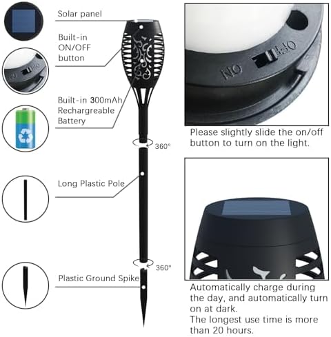 12 Pack Solar Torch Lights Outdoor Waterproof - Multicolor Flickering Flame, Outdoor Solar Garden Lights for Yard, Tiki Torches for Outside Patio Pathway Decorations