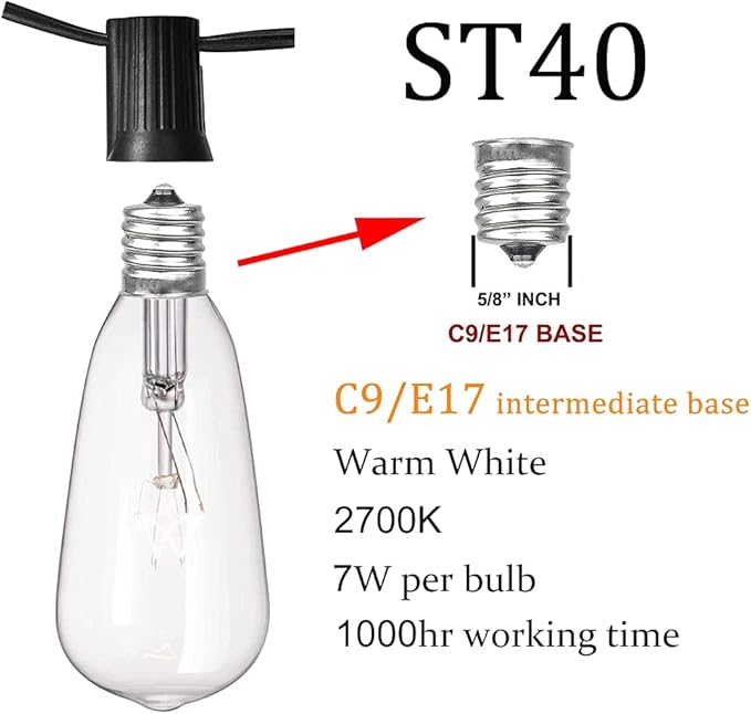 10Ft Outdoor String Lights Waterproof, Hanging Patio Lights with 11 Edison Bulbs (1 Spare), ST40 Vintage Edison Bulbs String Lights for Indoor Garden Backyard Party Wedding Balcony Decor- Black