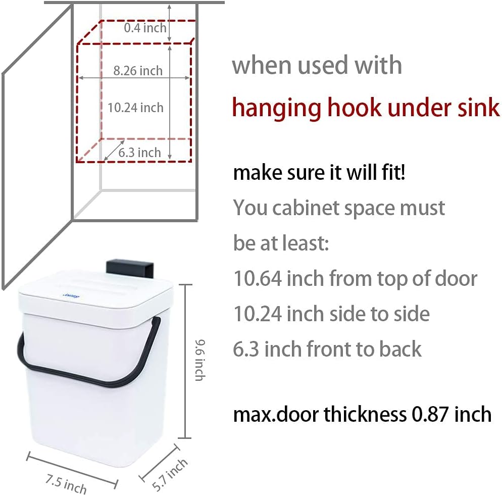 Kitchen Compost Bin Indoor for Counter Top,Hanging Small Trash Can with Lid,Food Waste Bin,Mountable Compost Busket 1.3 Gal/5 L Series,White