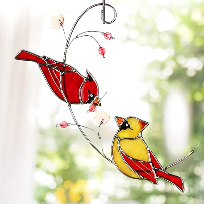 Cardinal Suncatchers Stained Glass for Window Hangings, Cardinal Sun Catchers Gifts for Women, Red Birds Sun Catchers for Christmas Dec, Cardinal Window Suncatcher Ornament