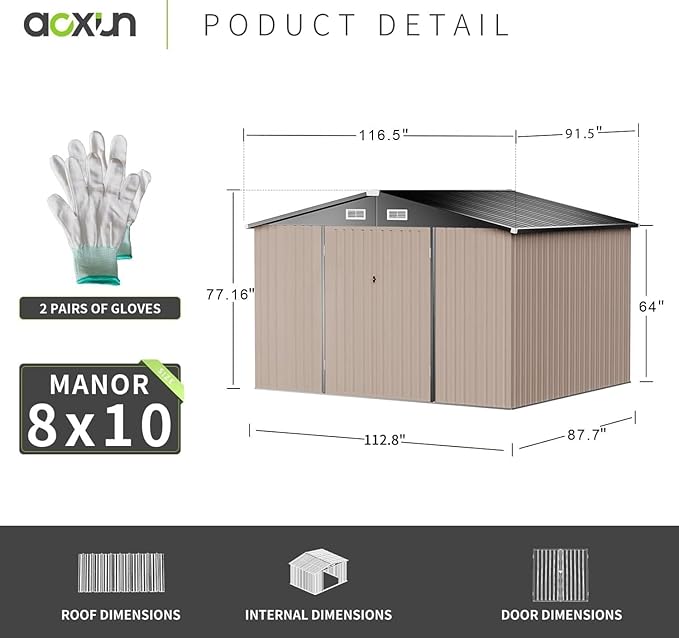 Aoxun 10x8 FT Outdoor Storage Shed with Double Hinged Large Door Utility Garden Shed with Lockable Door & Sloped Roof Metal Sheds Outdoor Storage for Garden, Backyard, Patio and Backyard, Brown