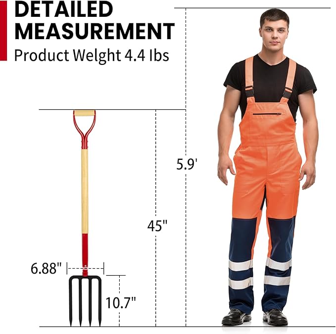 Heavy Duty Garden Fork for Digging, 4 Tines Pitch Fork for Gardening Compost, Garden Pitch Fork with Wooden Handle, 45 Inches