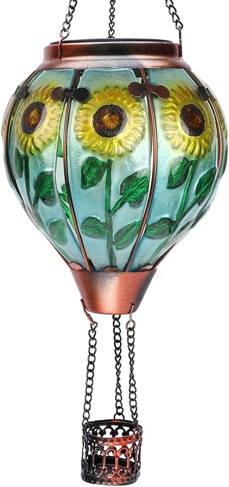 Hot Air Balloon Solar Lantern with Flickering Flame Hanging Solar Lanterns Outdoor Lights Waterproof Lanterns Decorative Garden Patio Yard Party Decor Wavy-Colorful + Sunflower