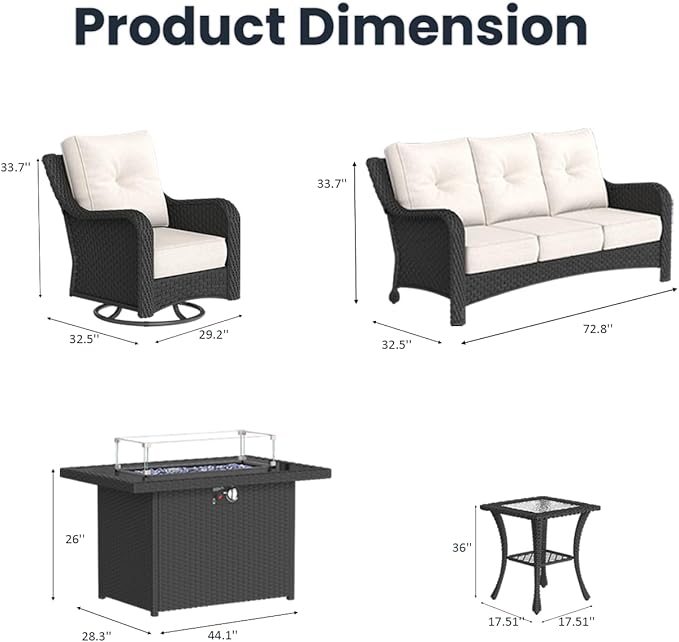7 Pieces Outdoor Patio Furniture Sets with Rocking Swivel Chairs with 6-inch Thick Cushion and Fire Pit Table for Deck Lawn