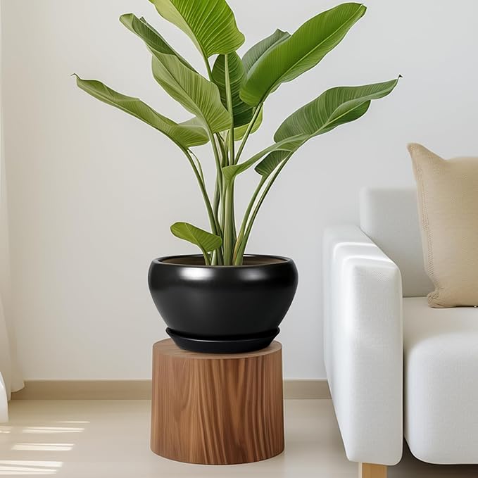 Ceramic Pot for Plants - 11 Inch Plant Pot Indoor with Drainage Hole and Saucer Large Planter Decorative Planter Modern Outdoor Flower Pot for House Balcony Black
