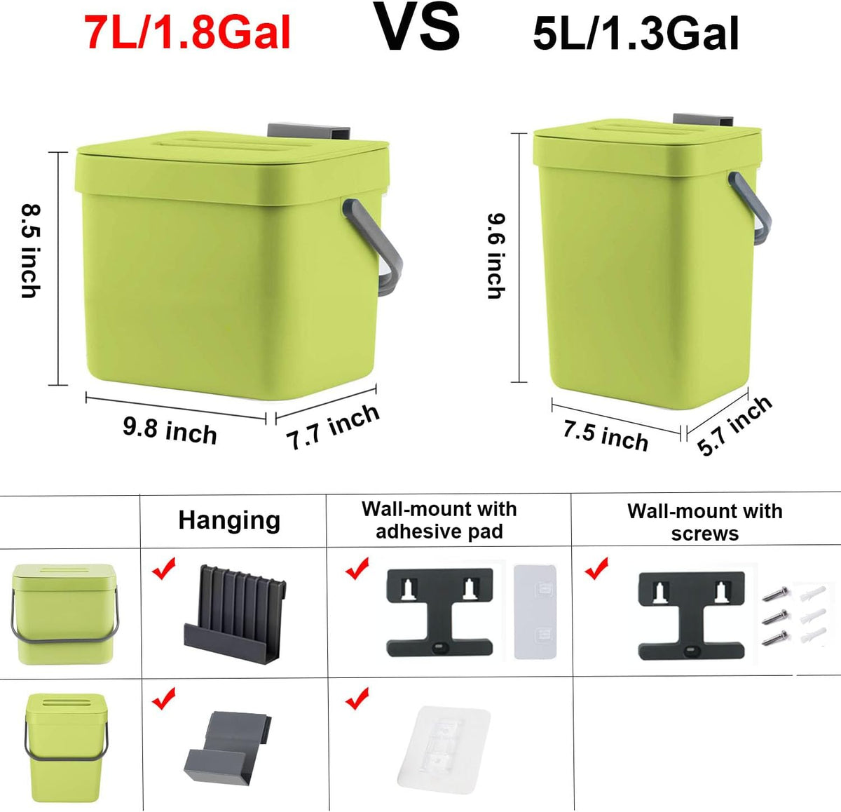 LALASTAR 1.8 Gallon Hanging Trash Can, Green, Plastic, Compost Bin Indoor Kitchen Sealed, Small Trash Can with Lid, Mountable
