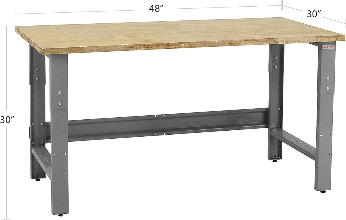 Table & Workbench: 1" Thick Solid Oiled Wood Butcher Block Top, Height Adjustable - 30" D x 48" L x 30" - 36" H - by BenchPro