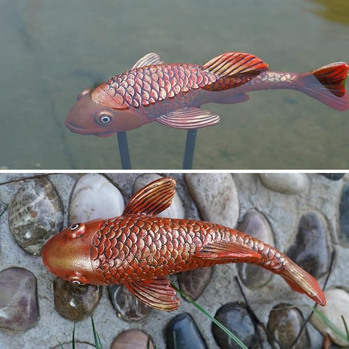 Antique Ceramic Koi Fish Garden Statues - Set of 2 | Exquisite Fish Sculptures for Outdoor, Patio, Pond, and Garden Decorations (Brassy)