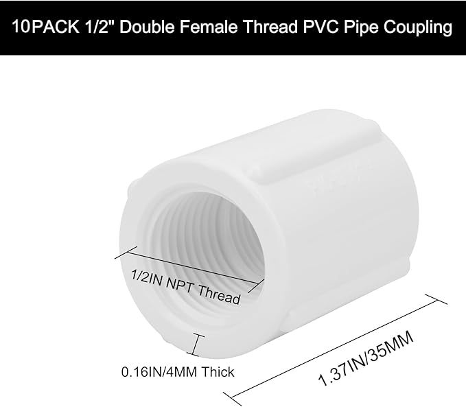 10Pack 1/2" Double Female Thread PVC Pipe Coupling Adapter Pipe Fitting Connector SCH40 1/2Inch Female to Female Threaded PVC Coupling Pipe Fitting for Sprinkler,Irrigation,Swimming Pools