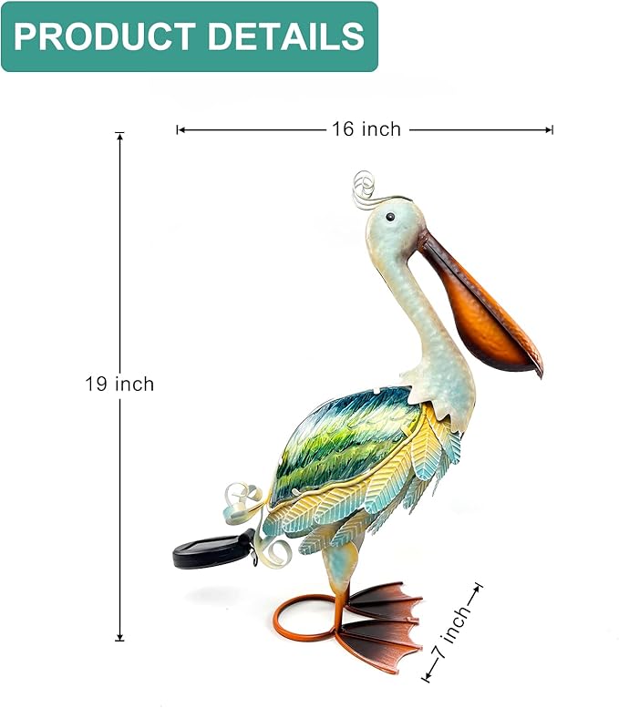 HONGLAND Solar Metal Pelican Statues Garden Sculpture & Statues, Glass Outdoor Pelican Yard Art Coastal Ocean Bird Decor Lawn Ornament for Backyard Porch Patio Decor(19 Inch)