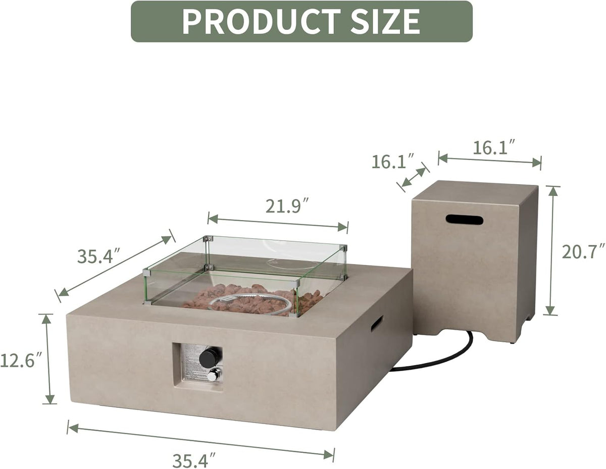 COSIEST 35-inch Square Outdoor Sandstone Propane Fire Pit w Wind Guard and Side Table, CSA Certified, 50,000 BTU Stainless Steel Burner, Free Lava Rocks and Rain Cover, Metal Lid(Gray)