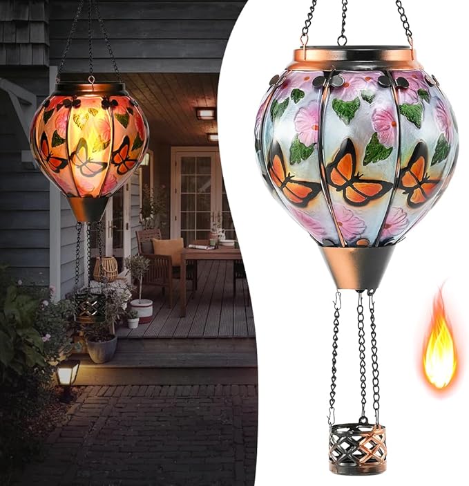 Hot Air Balloon Solar Lantern - Butterfly Stained Glass Lantern with Simulated Flickering Flame, Outdoor Hanging Yard Light Waterproof IP65 & Weather Resistant for Garden Patio Lawn Porch Decor Gfit