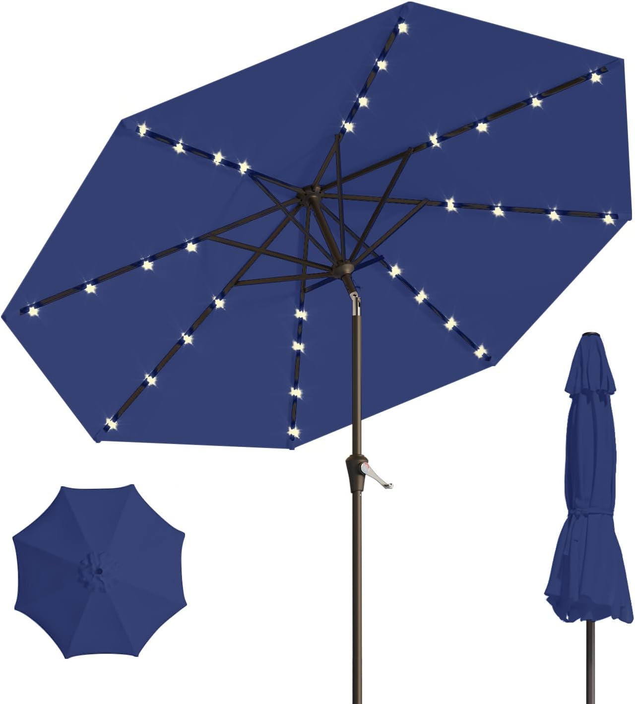 10FT Solar Umbrella 32 LED Lighted Patio Umbrella Table Market Umbrella w/Tilt and Crank, UV-Resistant Outdoor Umbrella for Pool, Garden, Deck, Navy Blue