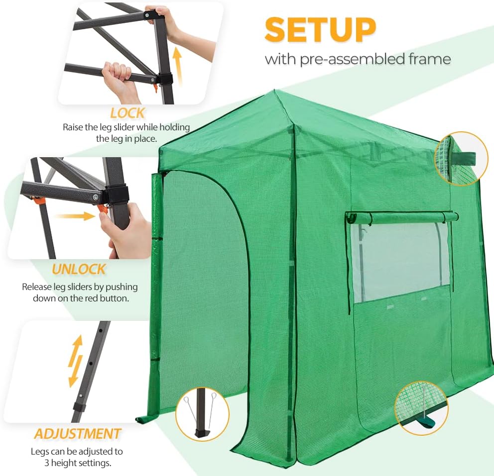 EAGLE PEAK 10x5 Lean to Portable Walk-in Greenhouse, Pop Up Indoor Outdoor Garden Green House, Zippered Doors and Window, PE Cover, Green