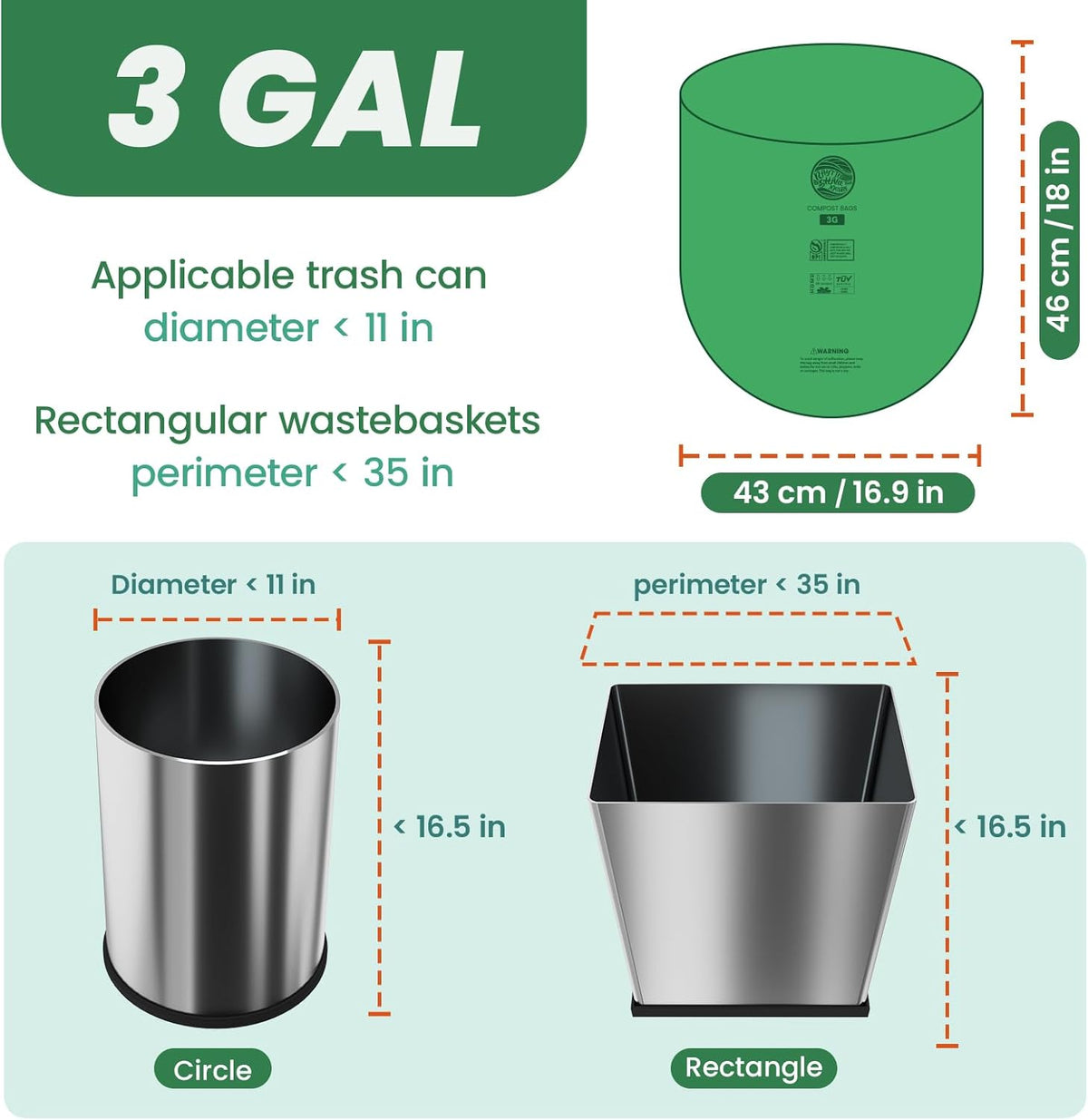 Compost Bags 3 Gallon Extra Thick Compost Bags for Countertop Bin,150counts,Compostable Liner Bags,Small Kitchen Food Scrap Waste Bags,Certified by BPI,ASTM D6400 and OK compost HOME certified