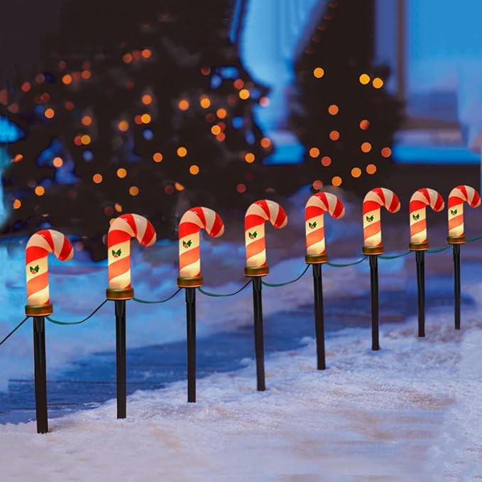 Christmas Candy Cane Pathway Lights Outdoor, 2 Sets 7Ft Christmas Outdoor Decoration String Lights with 8 Candy Cane Markers Stake Lights, Plug in Walkway Lights for Driveway Lawn Garden Yard Decor