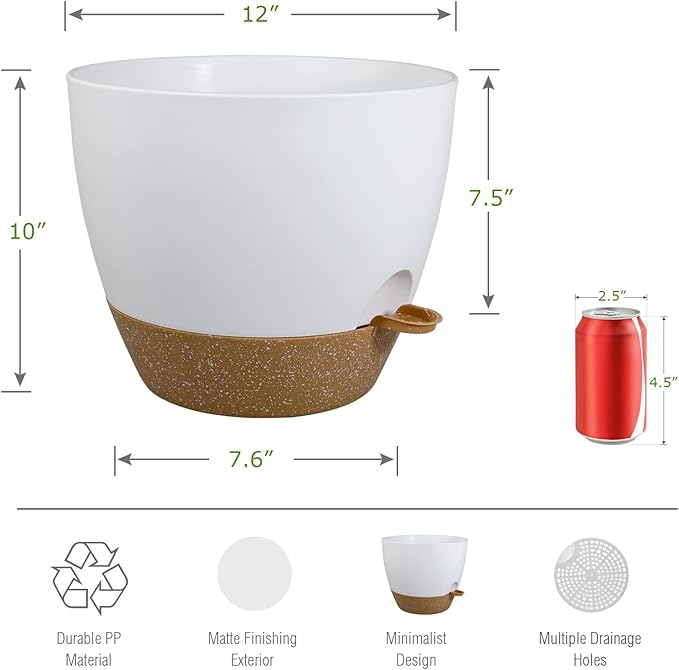 12 inch Large Self Watering Pots, Plastic Planters with 60oZ Removable Deep Reservoir and Multi Mesh Drainage Holes for Indoor Outdoor Garden Plants and Flowers, White with Brown