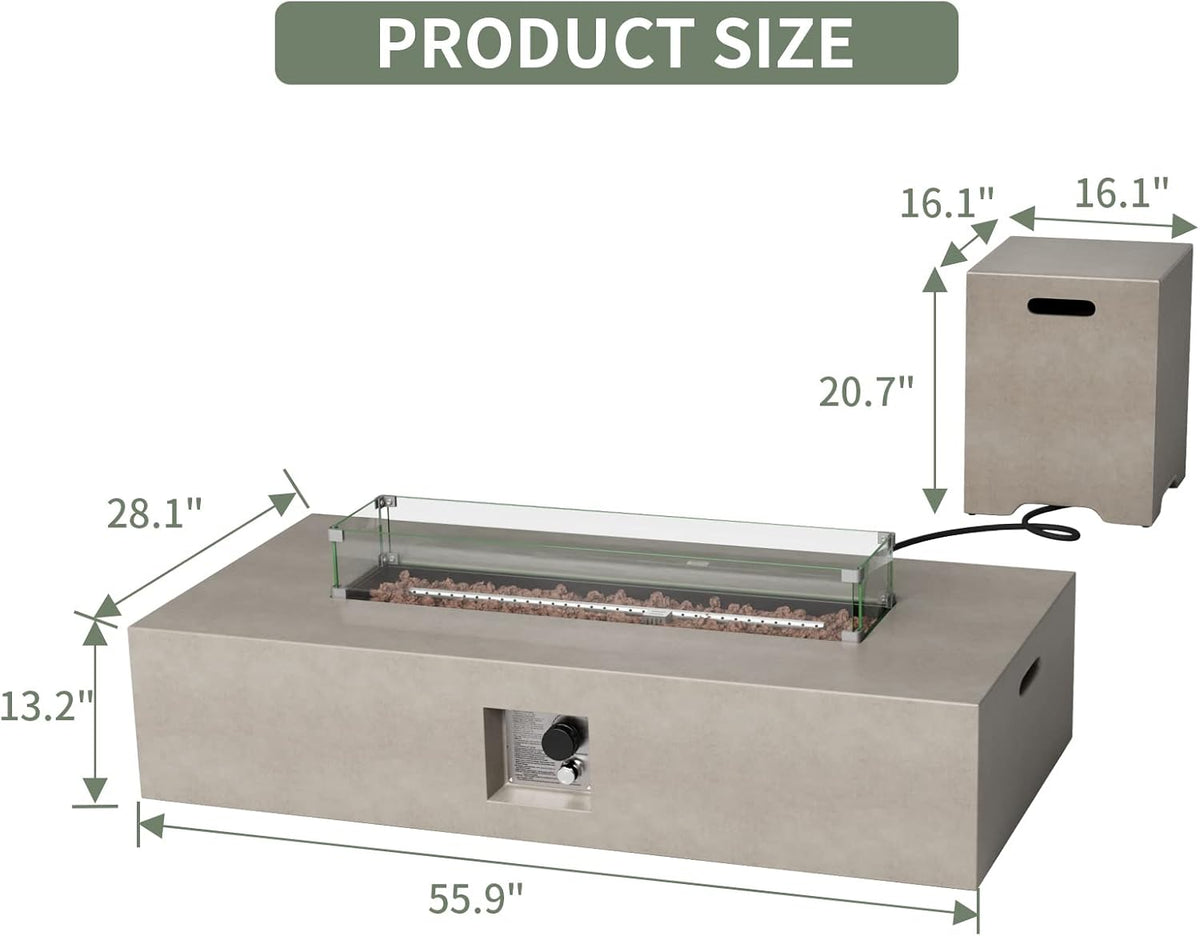 COSIEST 2-Piece Outdoor Propane Fire Table Set, Rectangle Concrete 56" x 28" Gray Fire Pit (CSA Certified, 50,000 BTU) w 20lb Tank Table, Wind Guard, Waterproof Cover for Garden, Porch, Backyard