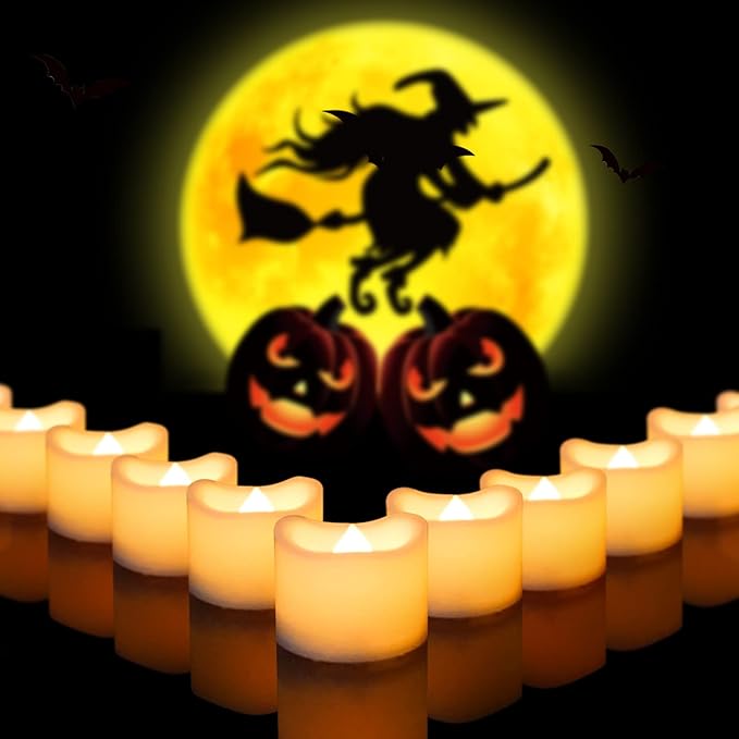 CANDLE CHOICE Battery Operated Flameless Tea Lights White Flickering LED Electric Fake Votive Tealight Candles Halloween Pumpkin Wedding Christmas Decorations Table Centerpieces 48 Pack Batteries Incl