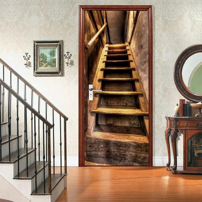 3D Peel and Stick Murals - Wooden Stairs - Wallpaper Decals - Removable PVC Waterproof Door Poster for Bedroom & Living Room - 30.3 x 78.7 inch