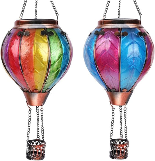 Hot Air Balloon Solar Lantern with Flickering Flame Hanging Solar Lanterns Outdoor Lights Waterproof Lanterns Decorative Garden Patio Yard Party Decor Colorful + Rose Red&Blue