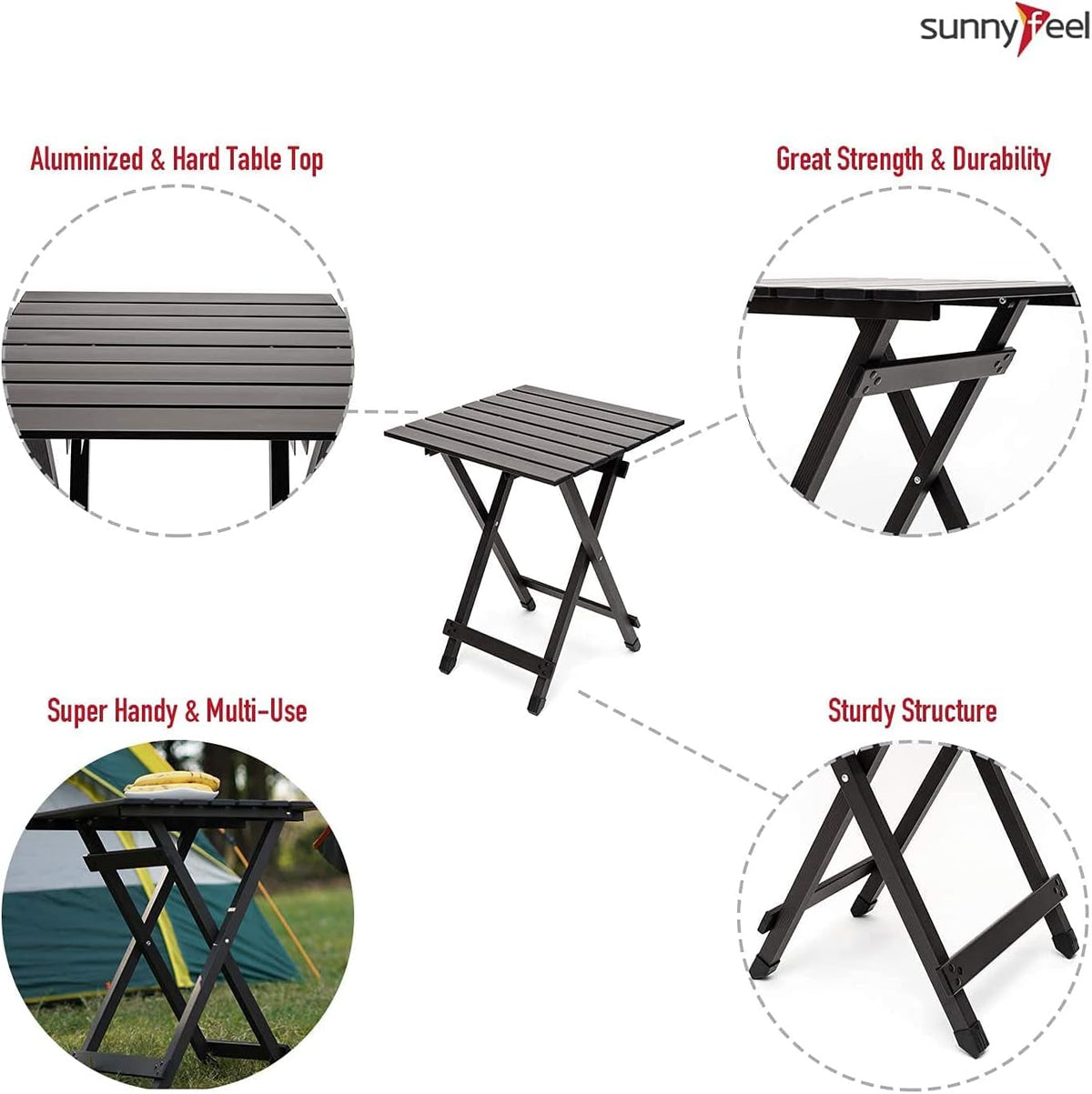 SUNNYFEEL Folding Camping Table - Lightweight Aluminum Portable Picnic Table, 18.5x18.5x24.5 Inch for Cooking, Beach, Hiking, Travel, Fishing, BBQ, Indoor Outdoor Small Foldable Camp Tables