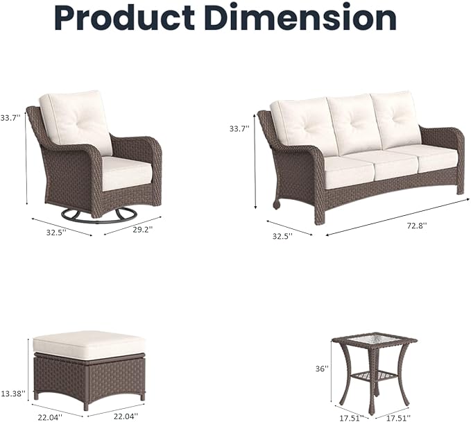 9 Pieces Outdoor Patio Furniture Sets with Rocking Swivel Chairs with 6-inch Thick Cushion and Side Table for Deck Lawn