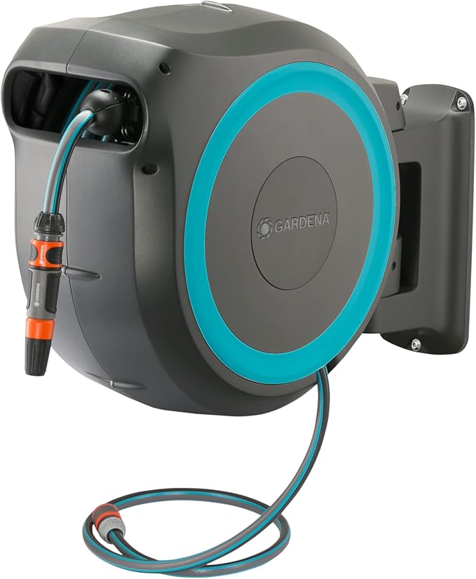 GARDENA (18630) Retractable Garden Hose Reel 115' x 1/2" Wall Mounted, Automatic Retraction & Length Lock for Easy Watering. Heavy Duty Swivel Bracket 180°, Includes Nozzle. Made in Europe