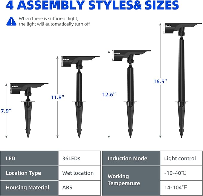 Barrina 36 LEDs Landscape Solar Spotlights, WRGB Solar Powered Dusk-to-Dawn Outdoor Garden Lights, 360° Horizontal Adjustable Spotlights for Garden Yard Patio Driveway Porch, 4 Packs