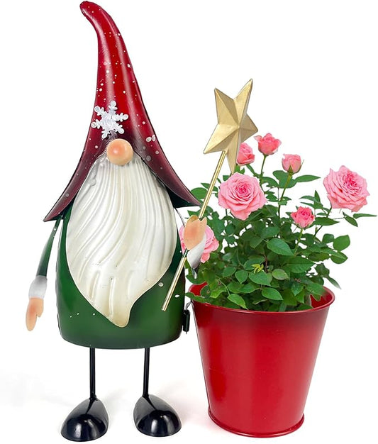 HONGLAND Outdoor Decorations Metal Gnome Yard Art Garden Gnomes Statue 13 Inch Santa Figurine, Succulent Flower Pot, Fun Metal Planter