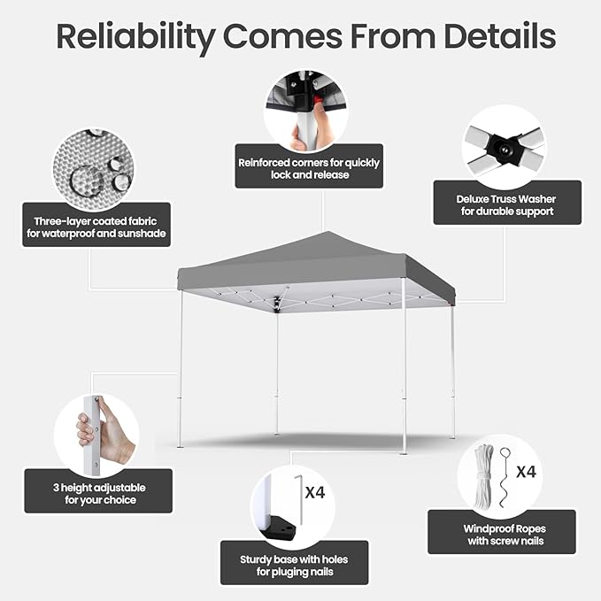 10x10ft Pop Up Canopy Tent,Heavy Duty Waterproof Folding Tent for Camping Parties Events Parties,Outdoor Canopy,Portable Sun Shelter,3 Adjustable Height(Grey)