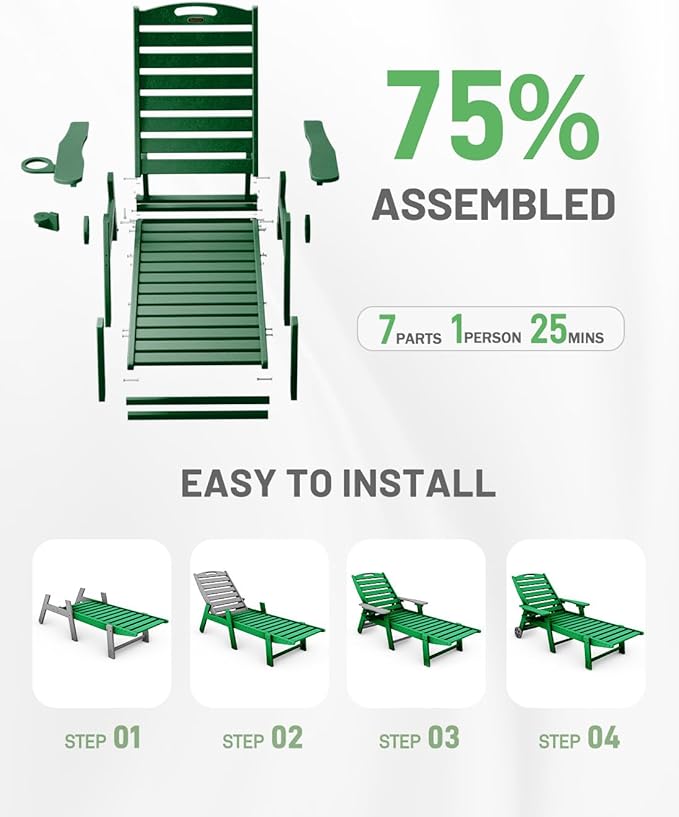 Chaise Lounge Outdoor with Wheels, Adjustable 6-Position Chaise Lounge Outdoor, Patio Lounge Chair for Poolside Backyard, Green