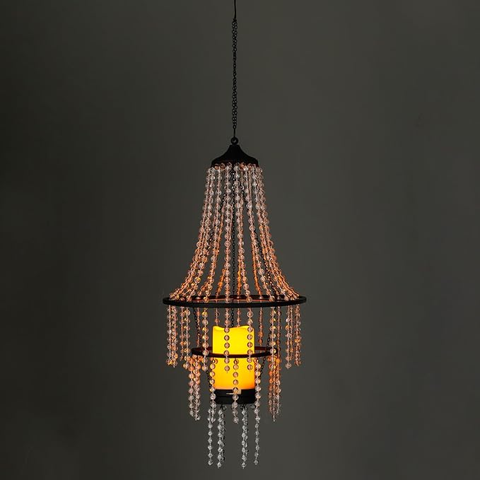 Battery Operated Hanging Chandelier Outdoor Indoor, 28” Modern Acrylic Crystal Hanging Beaded Lantern with Led Candle Light, Pendant Lights Decor for a Gazebo, Garden, Backyard, Patio, Balcony, Porch