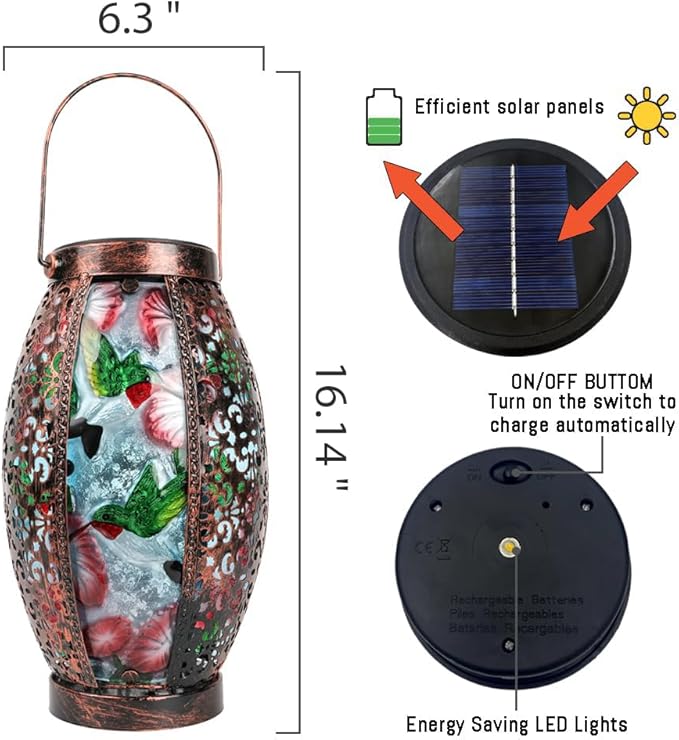 2PCS Hummingbird Solar Lanterns Glass & Metal Hanging Light Outdoor Waterproof 16" H Tabletop Lamp with Hollowed-Out Design with Shepherd's Hooks for Garden Patio Table Decor