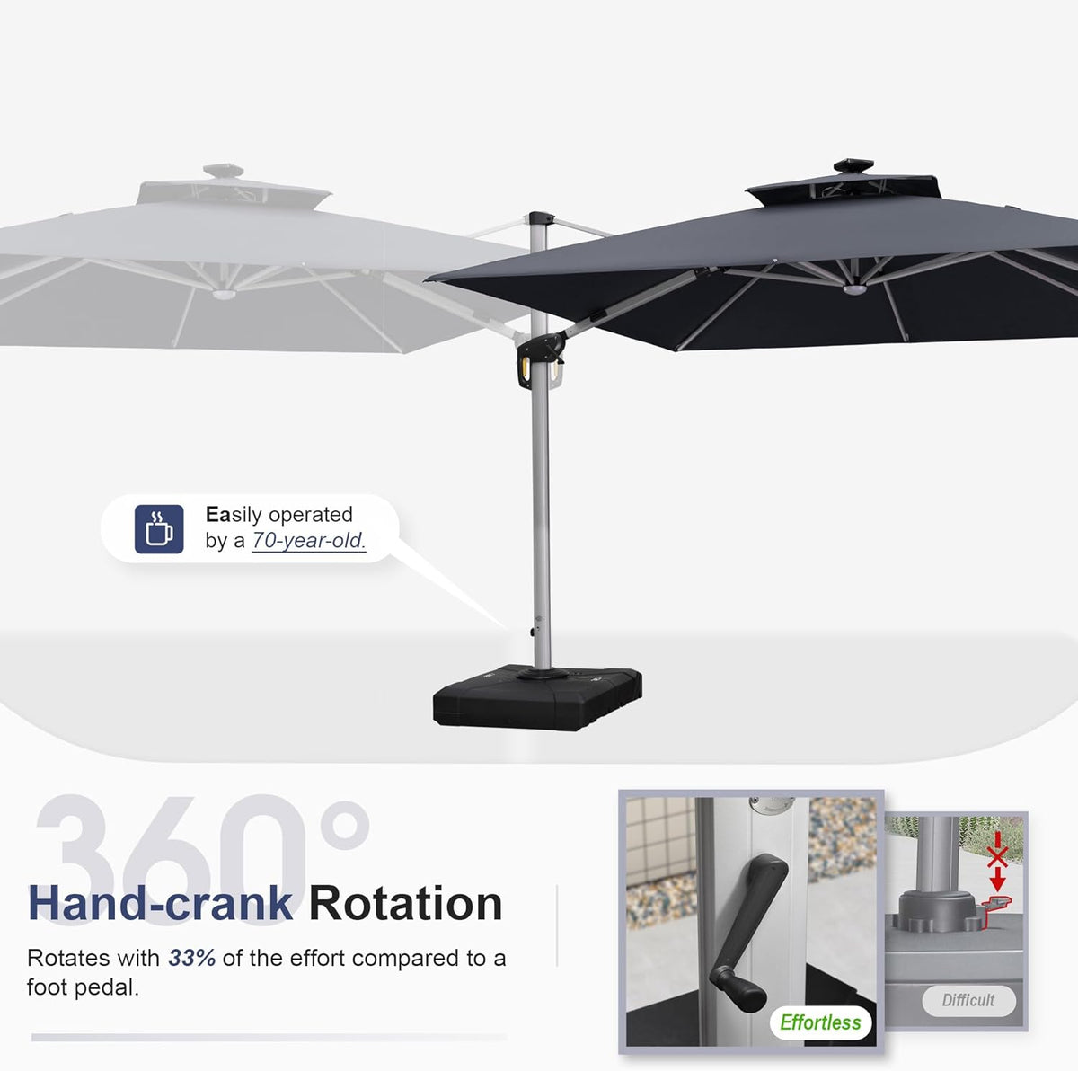 PURPLE LEAF 10 Feet Double Top Deluxe Solar Powered LED Square Patio Umbrella Offset Hanging Umbrella Outdoor Market Umbrella Garden Umbrella, Grey