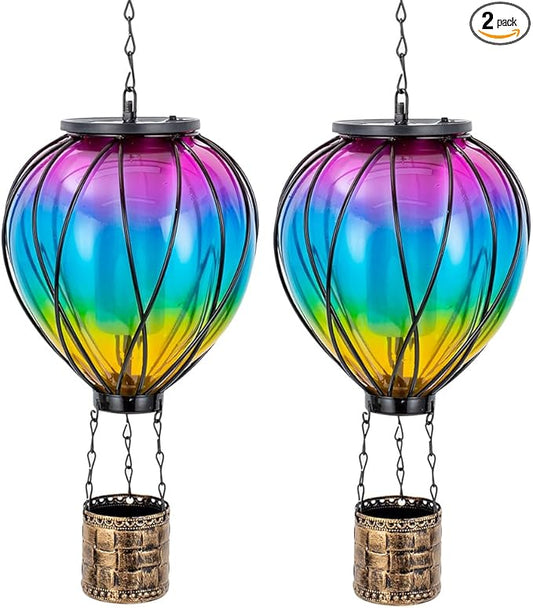 Hot Air Balloon Solar Lantern, 2 Pcs Solar Hot Air Balloon with Flickering Flame, Hanging Outdoor Lantern Waterproof Decor for Patio, Garden, Porch