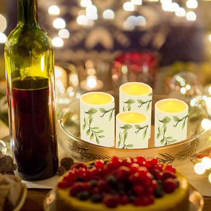 Green Leaves Flameless Candles Battery Operated Candles Set of 4 with 18-Key Remote Control Timer Dancing Flame Pillar Candles for Home Beach Hotel