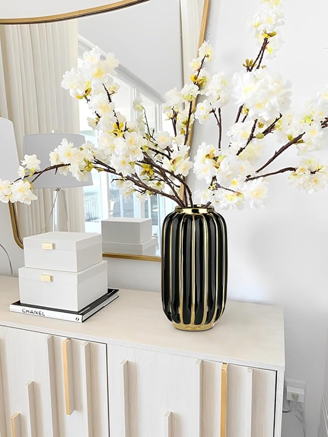 Briful Gold Plated Lantern Ceramic Vase Home Decor Creative Design Porcelain Decorative Flower Vase 11.02'' Black Ceramic Vases for Wedding Anniversary Decoration