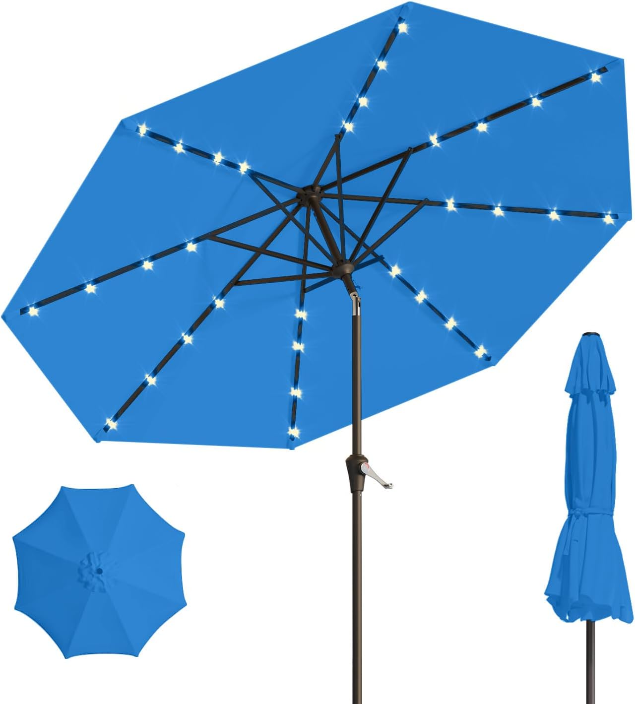 10FT Solar Umbrella 32 LED Lighted Patio Umbrella Table Market Umbrella w/Tilt and Crank, UV-Resistant Outdoor Umbrella for Pool, Garden, Deck, Royal Blue