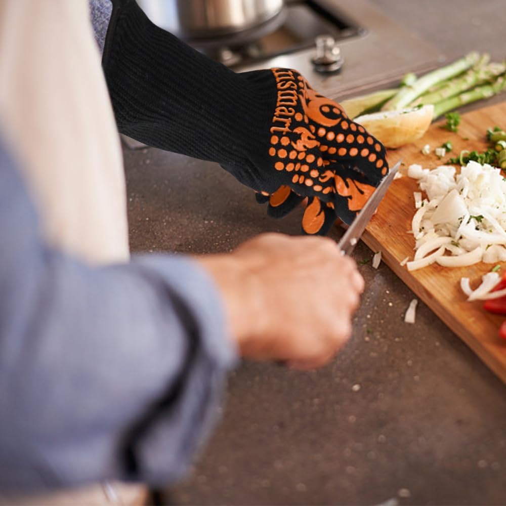 Comsmart BBQ Gloves, 1472°F Heat Resistant Grilling Gloves Silicone Non-Slip Oven Gloves Long Kitchen Gloves for Barbecue, Cooking, Baking, Short, Orange