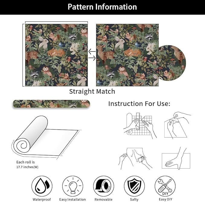 Animal Leaf Forest Deer Rabbits Squirrel Owl Green Plants Peel and Stick Wallpaper Self Adhesive Removable Easy Peel Off Contact Paper Stick on Wall Paper for Bedroom&Renter