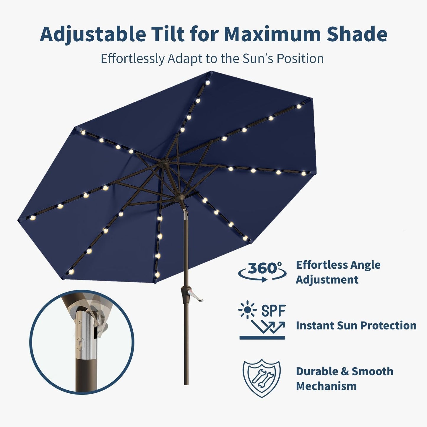 10FT Solar Umbrella 32 LED Lighted Patio Umbrella Table Market Umbrella w/Tilt and Crank, UV-Resistant Outdoor Umbrella for Pool, Garden, Deck, Navy Blue