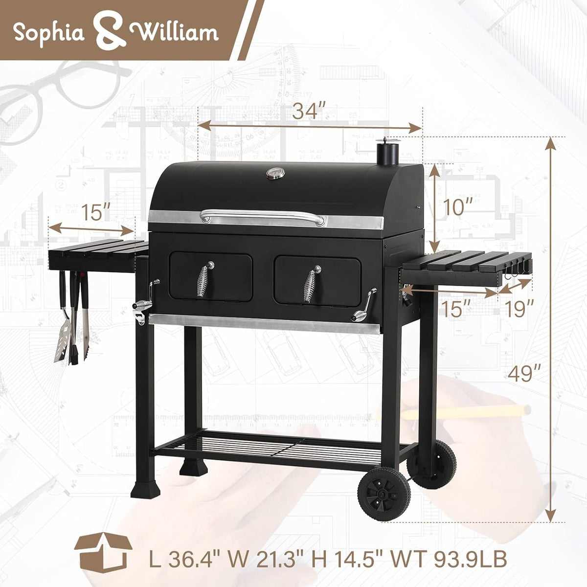 Sophia & William Extra Large Charcoal BBQ Grills with 794 SQ.IN. Cooking Area, Heavy Duty Outdoor Barbecue Grill with 2 Individual Lifting Charcoal Tray and 2 Foldable Side Table, Black