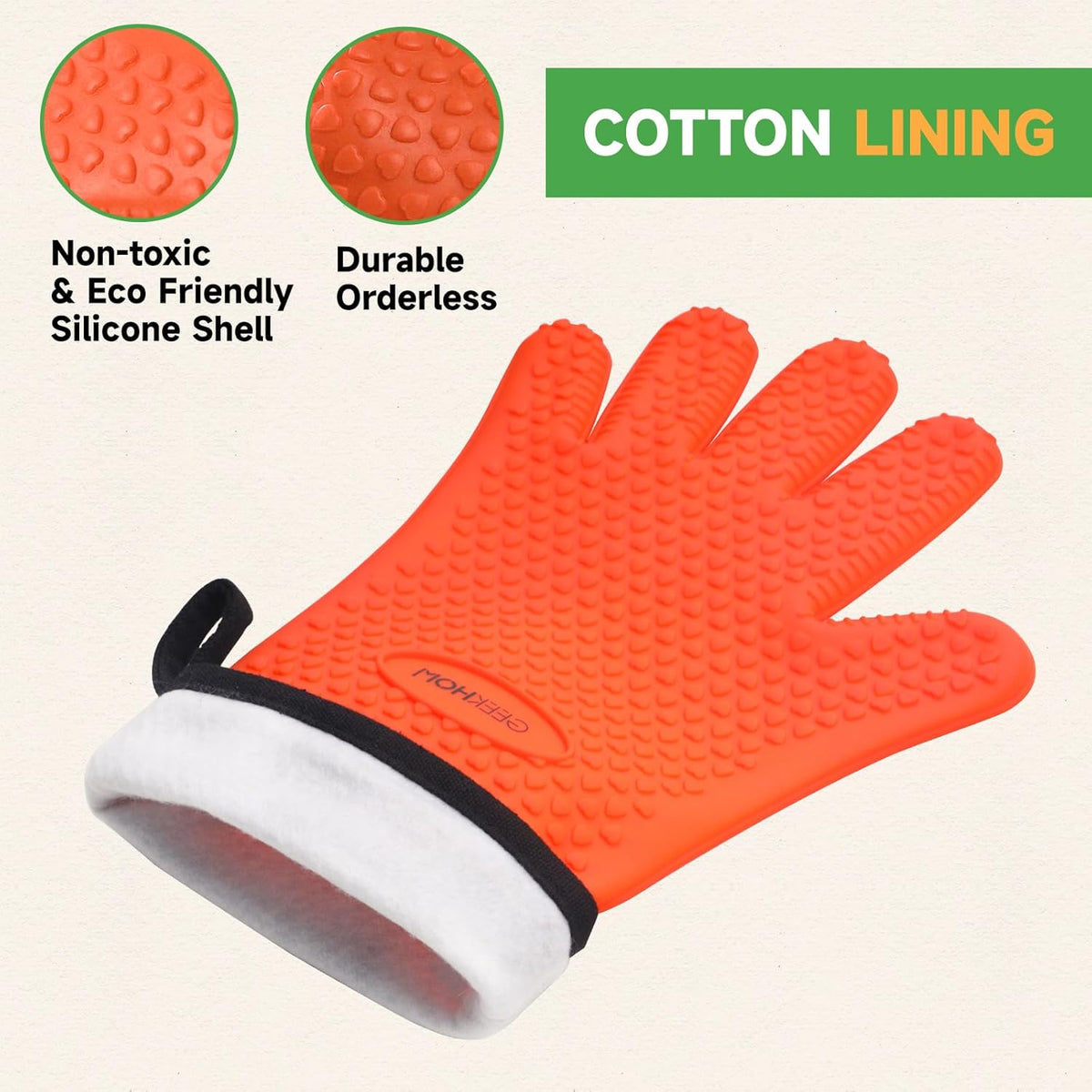 GEEKHOM BBQ Gloves Heat Resistant Oven Mitts - Silicone Grilling Gloves with 13.7" Arm Protection - Waterproof Pot Holder Non-Slip for Men & Women, Kitchen Outdoor Cooking, Baking, Camping, Orange