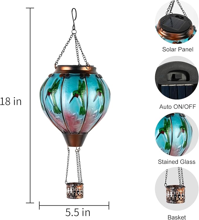 Hummingbird Hot Air Balloon Hanging Solar Lantern Lights, Flickering Flame Solar LED Candle Lights Outdoor Garden Decorative Metal & Glass Waterproof Lanterns for Yard Patio Farmhouse Decoration