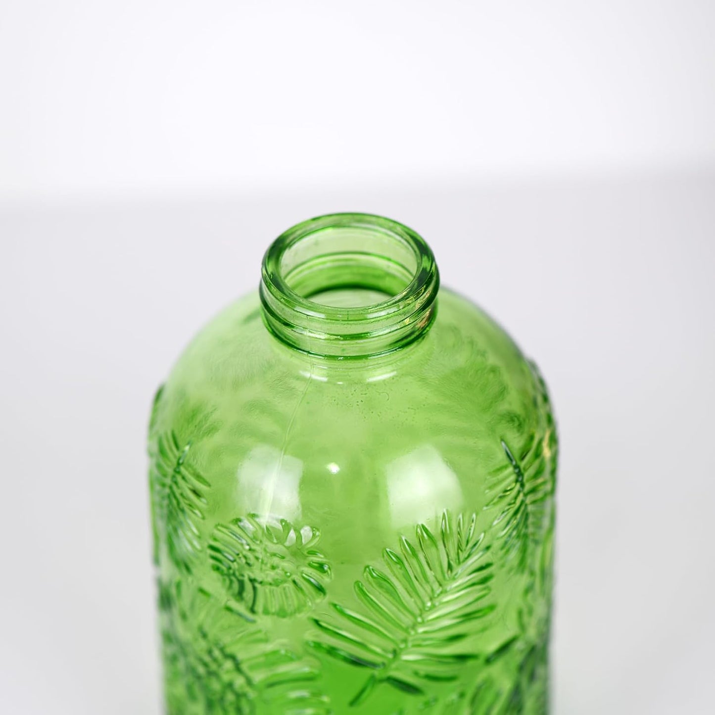 11.8 Ounce Glass Plant Spray Bottle, Glass Leaf Print One Handed Watering Can with Antique Brass Plastic One Handed Top Pump, 7.6 Inch Tall Indoor and Outdoor Plant Small Spray Bottle (Green)