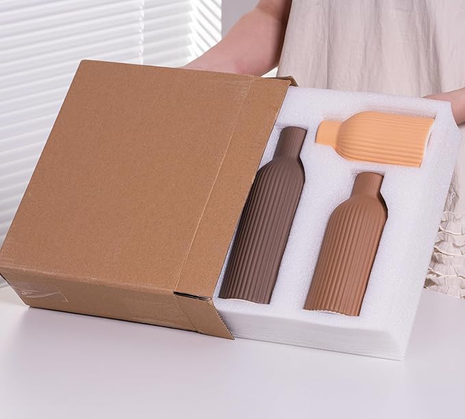 Ceramic Vase Set of 3, Flower Vases for Spring Room Decor, Kitchen Farmhouse, Modern Boho Style(Brown/Dark Brown/Orange)