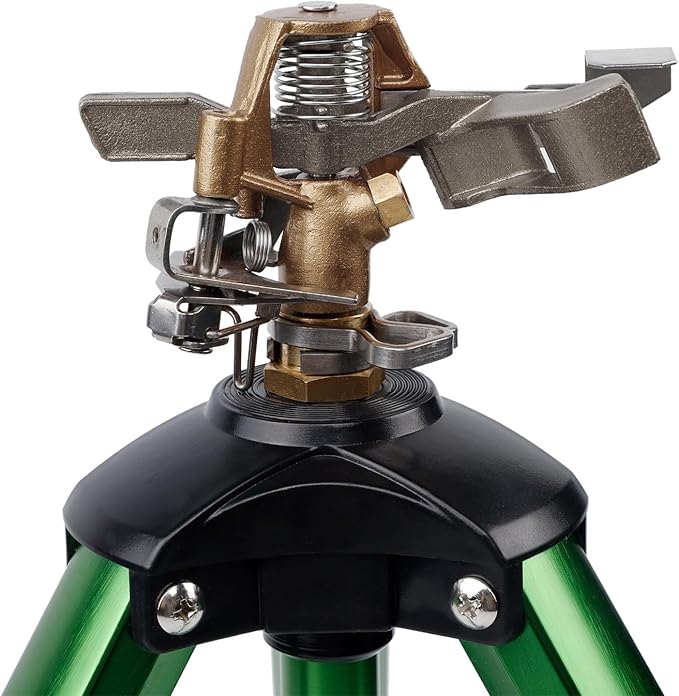 Biswing Impact Sprinkler Head on Tripod Base, Heavy Duty Lawn Sprinklers, 360 Degree Large Area Irrigation, Brass Sprinkler Nozzle & Solid Alloy Metal Extension Legs Flip Locks, 1 Pack