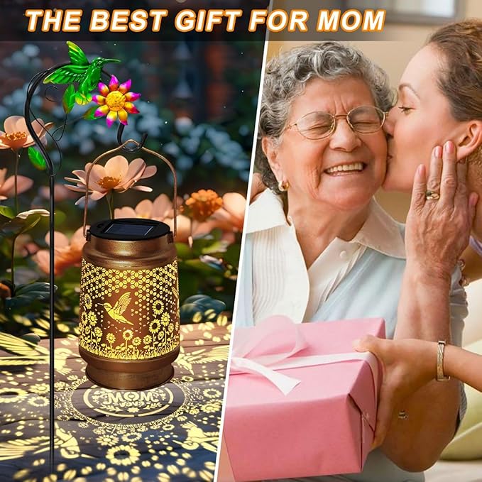 2 Pack Solar Lanterns Outdoor Decor - Perfect Gifts for Mom Women Grandma, Solar Powered Hummingbird Sunflower Lantern with 8-Hour Runtime, Waterproof & Easy to Use for Garden, Patio, Yard